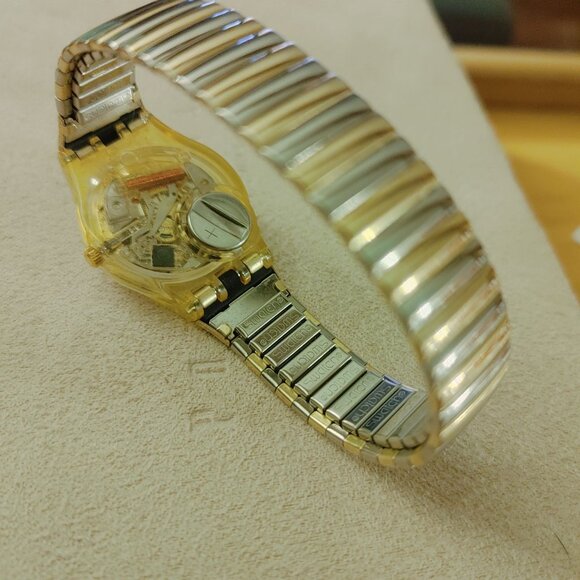 Vintage Swatch Gold Dial Watch With Yellow Transparent Case & Metal Bracelet